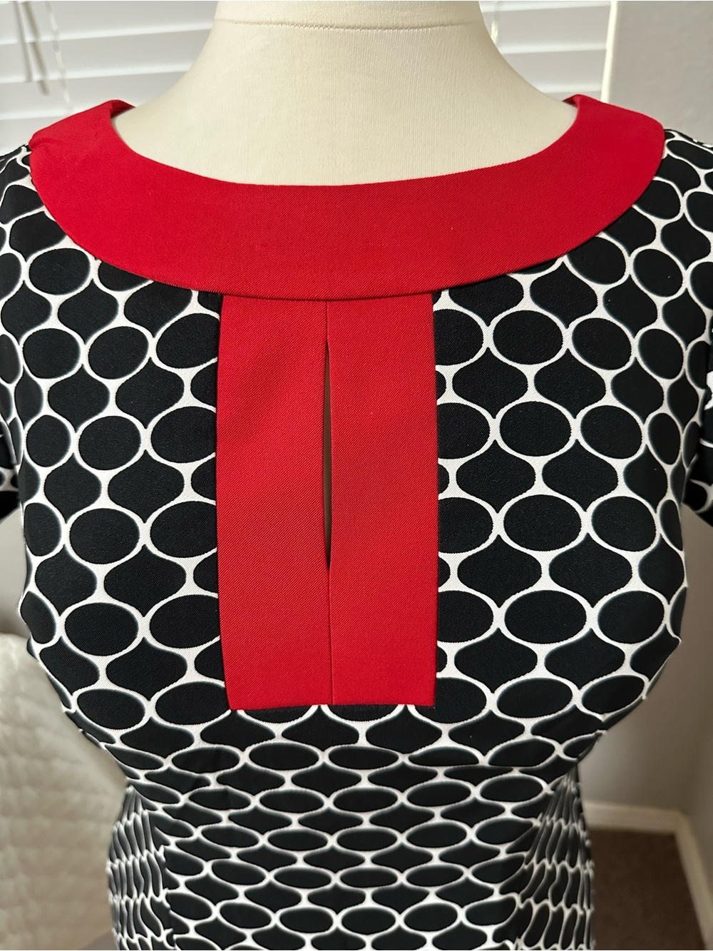Connected Apparel Black and White Geometric Pencil Skirt with Red Trim